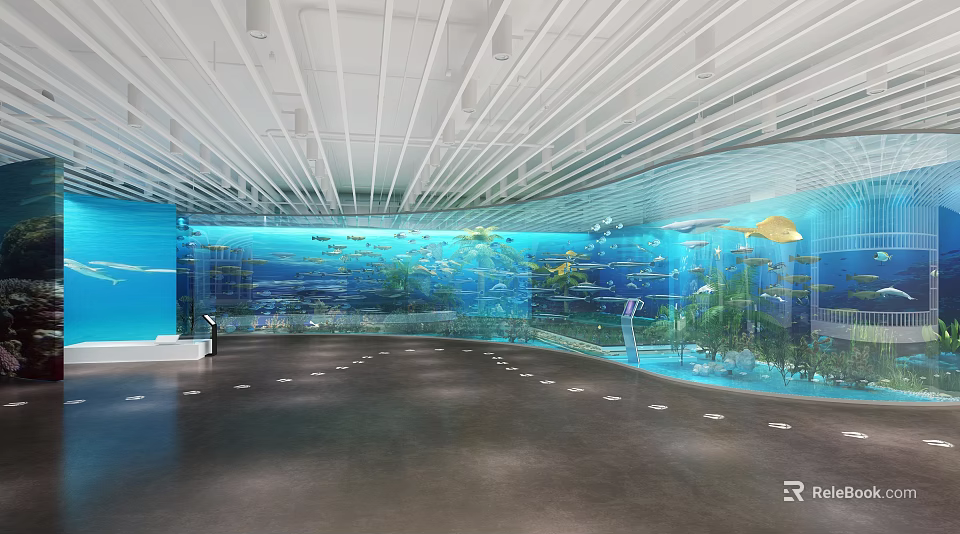 Aquarium Exhibit With Curved Glass Wall Colorful Fish Underwater Plants And Flooring Markers 3d model 