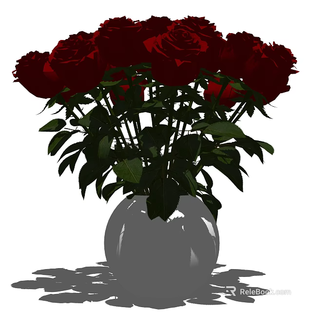 Fresh Red Roses Arranged in White Vase with Green Leaves and Stems 3d model 