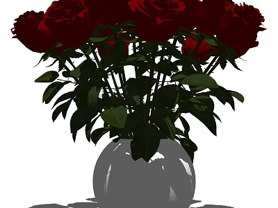 Fresh Red Roses Arranged in White Vase with Green Leaves and Stems 3d model