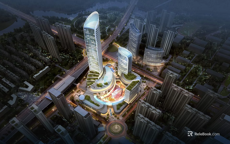 Aerial Planning of Modern Urban High Rise Buildings with Central Plaza and Road Network 3d model 