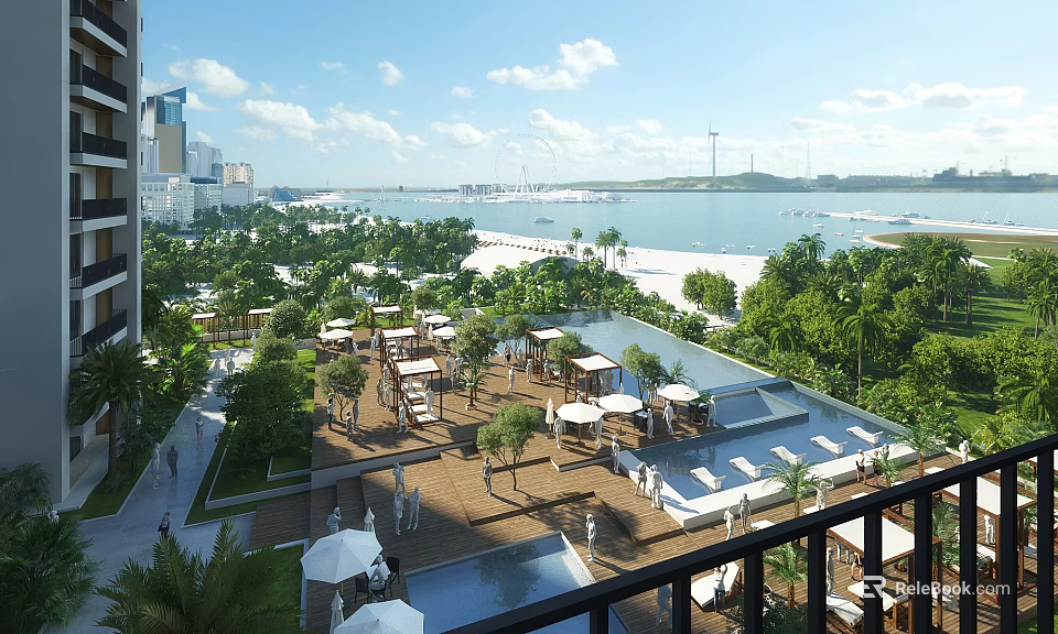 Waterfront Garden Landscape With Palm Trees Outdoor Seating Sunshades And Urban Scenic View 3d model 