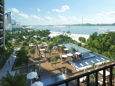 Waterfront Garden Landscape With Palm Trees Outdoor Seating Sunshades And Urban Scenic View 3d model