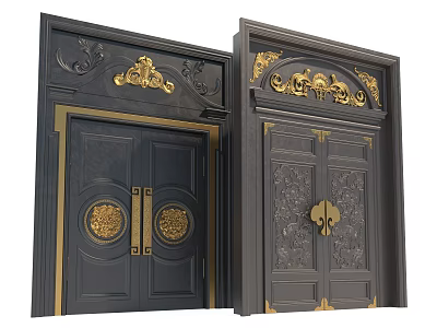 Chinese Style Double Doors With Black Gold Carved Patterns And Brass Knockers 3d model