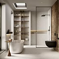 Modern Bathroom Interior Design With Black Wall Mounted Toilet Wooden Wall And Light Colored Stone