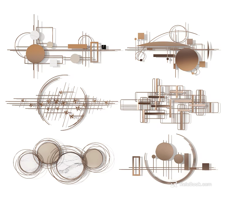 Modern Geometric Abstract Wall Decor with Circles Lines and Brown Tones 3d model 