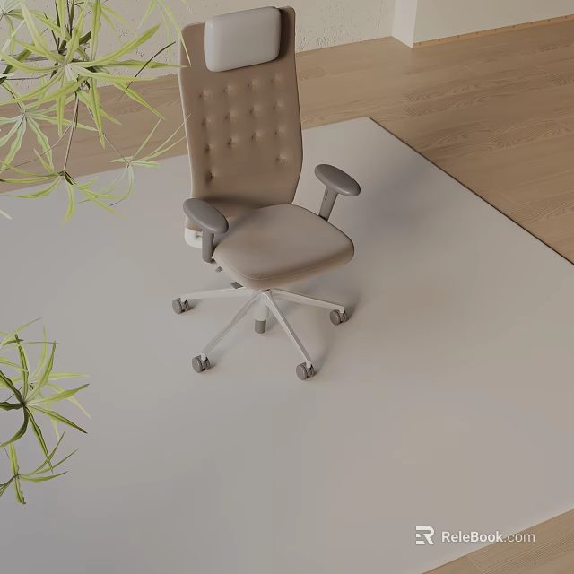 Beige Office Chair With Tufted Backrest Armrests And Wheels On Light Carpet With Green Plants 3d model 