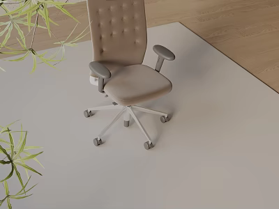 Beige Office Chair With Tufted Backrest Armrests And Wheels On Light Carpet With Green Plants 3d model