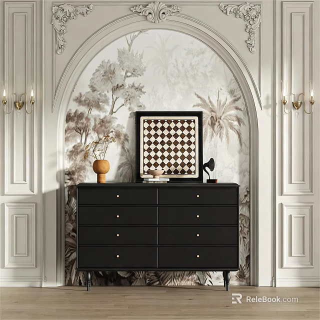 Elegant Modern Entryway Console Table And Side Cabinet With Black Drawers Chessboard Art And Vase 3d model 