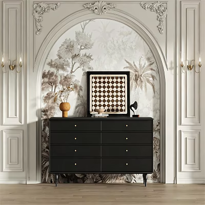 Elegant Modern Entryway Console Table And Side Cabinet With Black Drawers Chessboard Art And Vase 3d model
