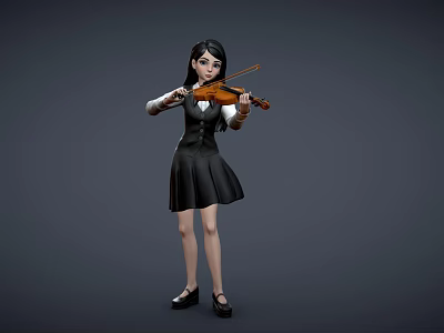 Animated Game Movie Character Girl Wearing Black Dress And Vest Playing Violin 3d model