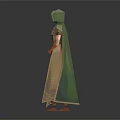 Hooded Character In Green Cloak And White Robe With Crossed Hands Against Gray Gradient Background
