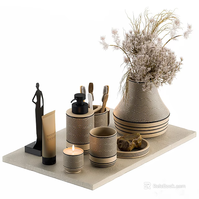 Elegant Bathroom Accessories Set With Ceramic Holders Toothbrush Cup Soap Dish And Decorative Vase 3d model 