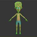 3D Cartoon Boy With Brown Short Hair And Blue Shorts Barefoot Arms Outstretched Dark Background