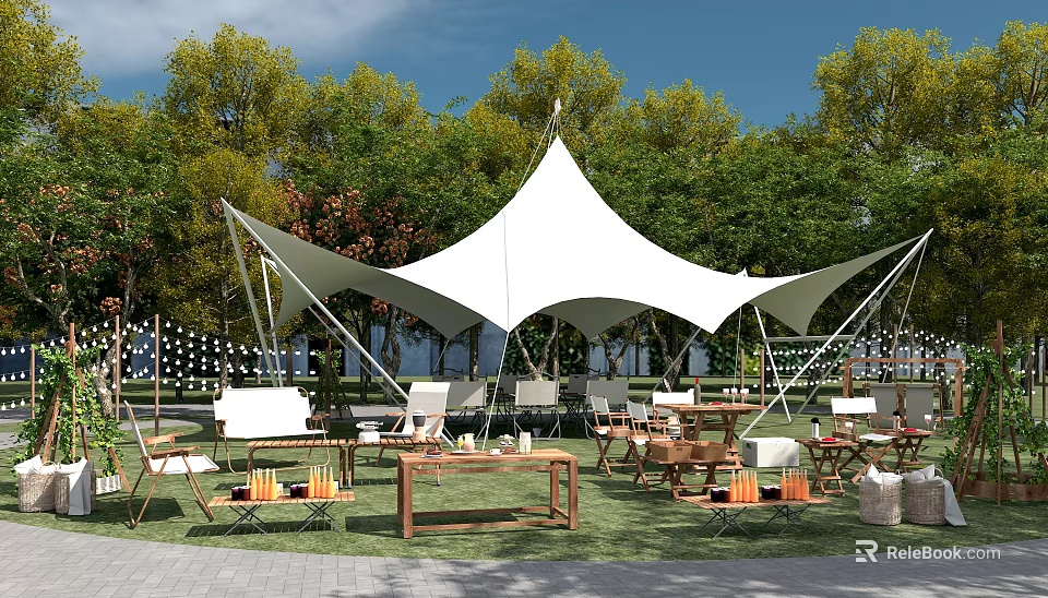 Beautiful Garden Landscape With White Tension Membrane Tent Green Trees Lawn And Outdoor Furniture 3d model 