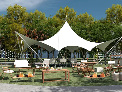 Beautiful Garden Landscape With White Tension Membrane Tent Green Trees Lawn And Outdoor Furniture 3d model