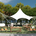 Beautiful Garden Landscape With White Tension Membrane Tent Green Trees Lawn And Outdoor Furniture