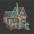 Cartoon Style House With Blue Roof Chimney Yellow Walls And Wooden Porch