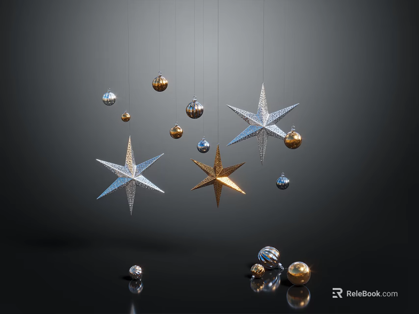 Multiple Hanging Shiny Star Ornaments With Gold And Silver Balls On Dark Background 3d model 