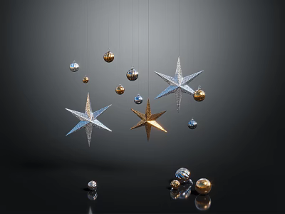 Multiple Hanging Shiny Star Ornaments With Gold And Silver Balls On Dark Background 3d model