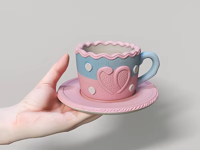 Decorative Pink And Blue Cup With Ruffled Edges Heart Design And Saucer 3d model