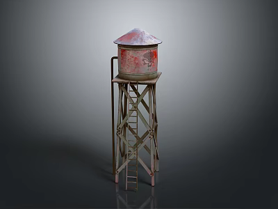 Rustic Water Tower With Red And Pink Roof Metal Frame Ladder And Gray Background 3d model