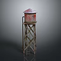Rustic Water Tower With Red And Pink Roof Metal Frame Ladder And Gray Background