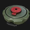 Green Circular Military Mine With Red Top Cover And Metal Ring Structure