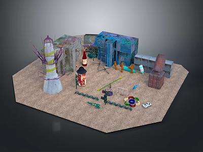 Modern Miniature Scene With Colorful Buildings Lighthouse Sandy Ground And Small Objects 3d model