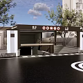 Underground Garage Entrance With High Rise Buildings Trees And Ground Marker