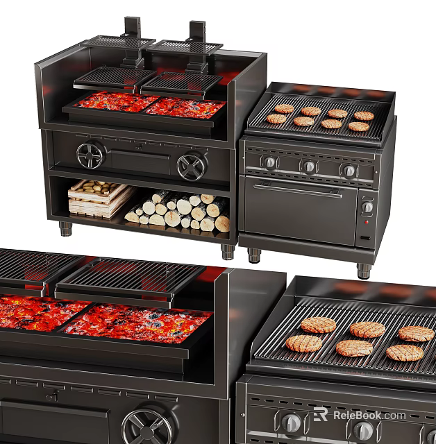 Commercial Kitchen Grills With Burger Patties Red Toppings And Wood Log Storage 3d model 