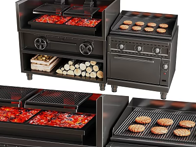 Commercial Kitchen Grills With Burger Patties Red Toppings And Wood Log Storage 3d model