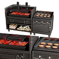 Commercial Kitchen Grills With Burger Patties Red Toppings And Wood Log Storage
