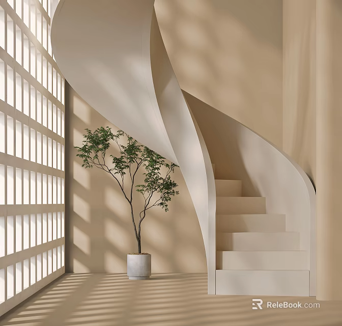 Spiral Staircase In Modern Minimalist Interior With Natural Light And Potted Plant 3d model 
