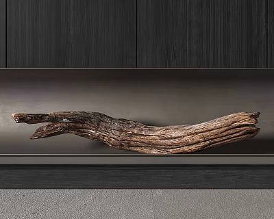 Twisted Driftwood Sculpture On Dark Wooden Shelf With Natural Texture 3d model