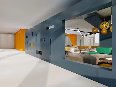 Modern Public Office Space Interior With Orange Blue Walls Pendant Lights Sofa And Tables 3d model