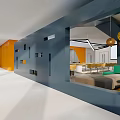 Modern Public Office Space Interior With Orange Blue Walls Pendant Lights Sofa And Tables