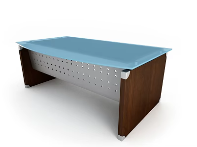 Modern Office Desk With Blue Tabletop Brown Wooden Legs And Perforated Metal Panel 3d model