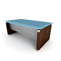 Modern Office Desk With Blue Tabletop Brown Wooden Legs And Perforated Metal Panel