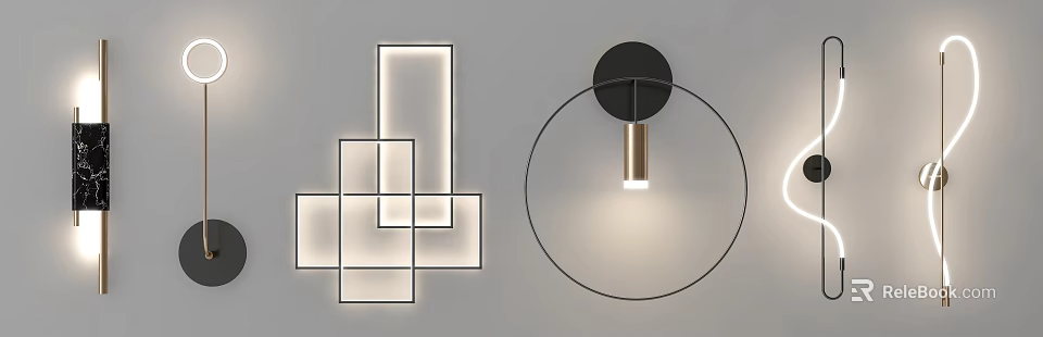 Modern Geometric Wall Lamps Featuring Rectangular And Circular Designs With Metal Accents And LED Glow 3d model 