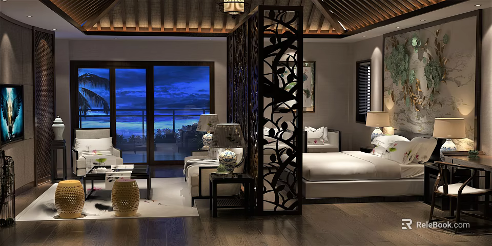 Elegant Hotel Room Interior With Ocean View Decorative Screen King Bed And Wooden Ceiling 3d model 
