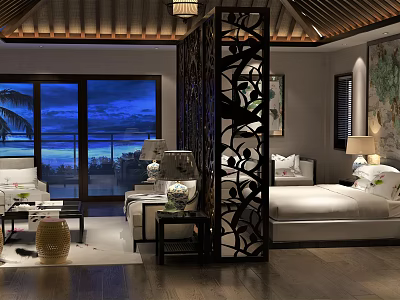 Elegant Hotel Room Interior With Ocean View Decorative Screen King Bed And Wooden Ceiling 3d model