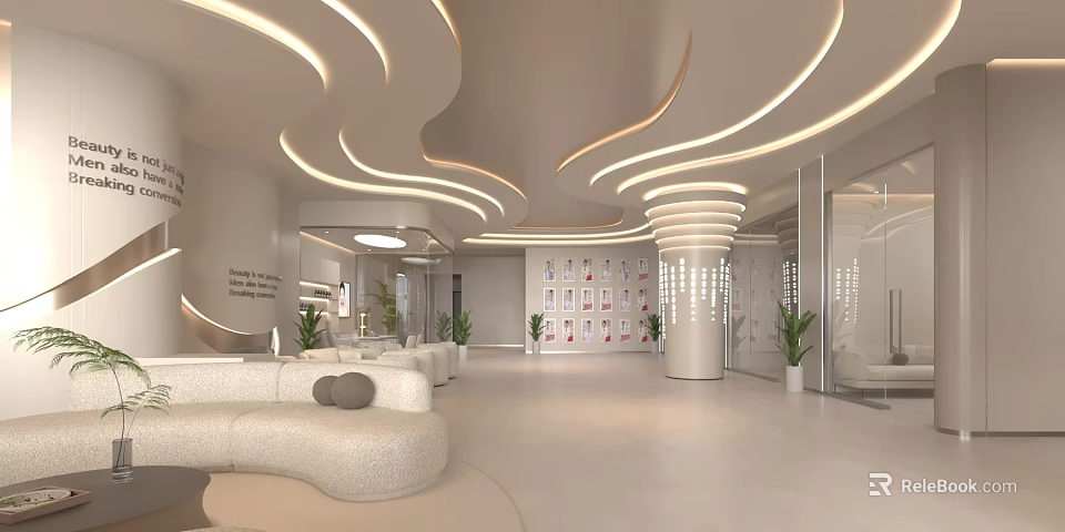 Modern Luxury Beauty Hair Salon Interior With Curved Ceiling Sofa Plants Display Wall 3d model 