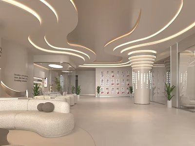 Modern Luxury Beauty Hair Salon Interior With Curved Ceiling Sofa Plants Display Wall 3d model