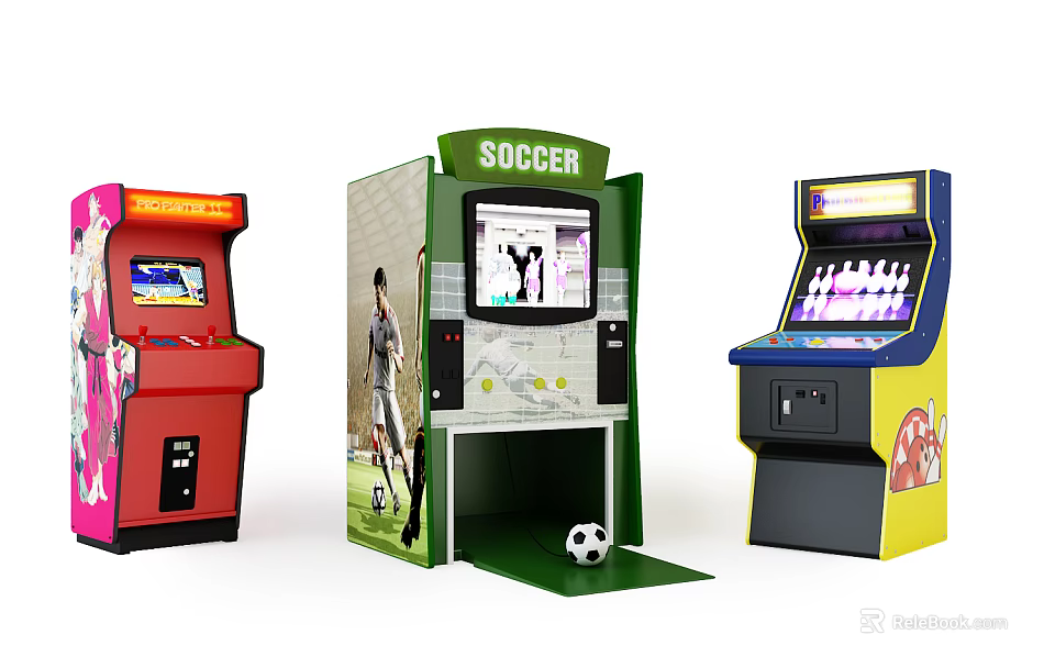 Various Colorful Arcade Gaming Entertainment Machines Featuring Soccer Theme Screens Controls and Fun Design 3d model 