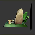 Cartoon Animal Characters with Stone Carvings Green Grass Leaves and Light Blue Background