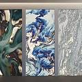 Decorative Wall Panels with Green Marble Blue Wave and Silver Grain Textures 3d model