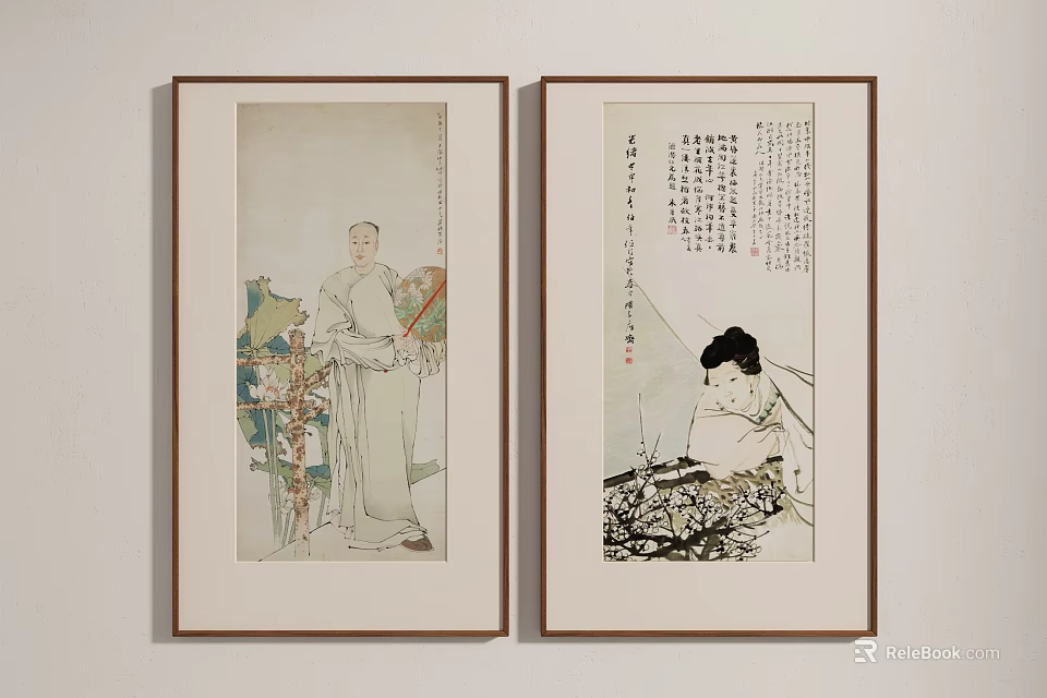 Traditional Chinese Framed Paintings With Classical Figures And Calligraphy Art 3d model 