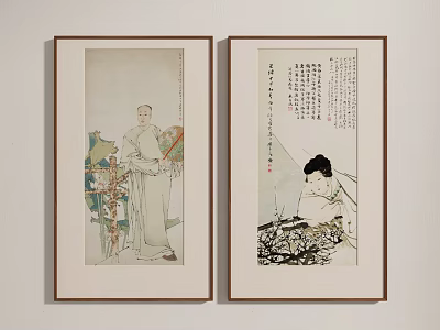 Traditional Chinese Framed Paintings With Classical Figures And Calligraphy Art 3d model