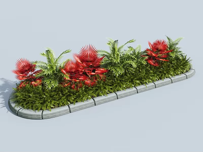 Urban Roadside Landscaping Facility With Green Plants And Red Flowers 3d model