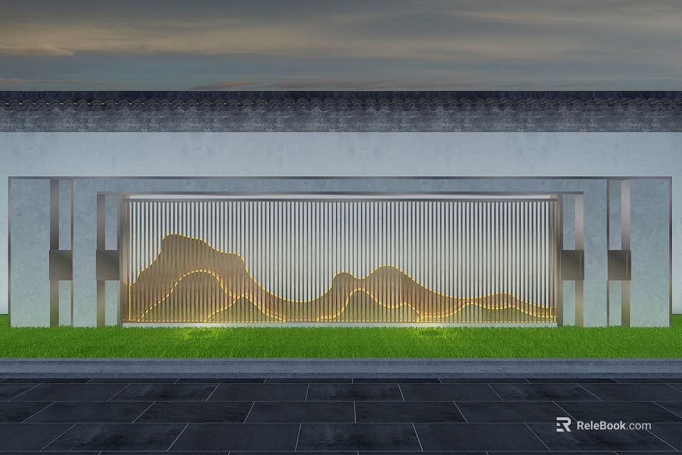 Modern Garden Landscape Design with Mountain Shaped Decor Green Lawn and Lighting Effects 3d model 